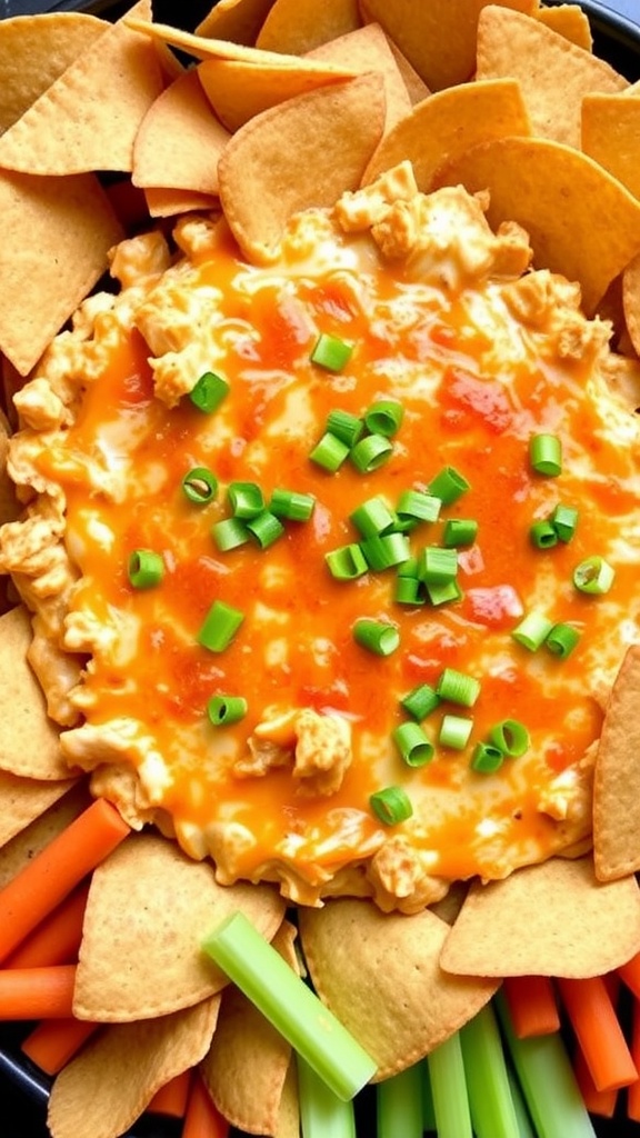 A warm buffalo chicken dip topped with cheese and green onions, served with tortilla chips and vegetable sticks on a wooden table.